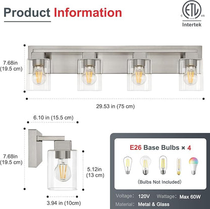 4-Light Brushed Nickel Bathroom Light Fixtures, with Clear Glass Shade | 29.5 Inch Bathroom Lighting Fixtures Over Mirror, Modern Wall Light, bathroom vanity light E26 Socket, ETL