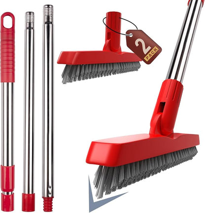 2 Pack Grout Brush with Long Handle, Swivel Cleaning Grout Line Scrubber - Extendable Durable Handle Grout Cleaner Brush for Bathroom,Tile,Baseboard,Walk in Shower,Corner & Narrow Space (Red)