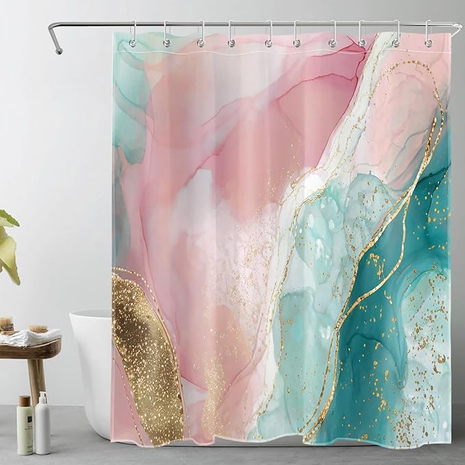 HVEST Pink and Gold Marble Small Shower Curtain for Bathroom Decor, Green Abstract Marble Luxury Textured Long Shower Curtain Modern Minimalist Shower Curtain with Hooks, 72L X 48W inches