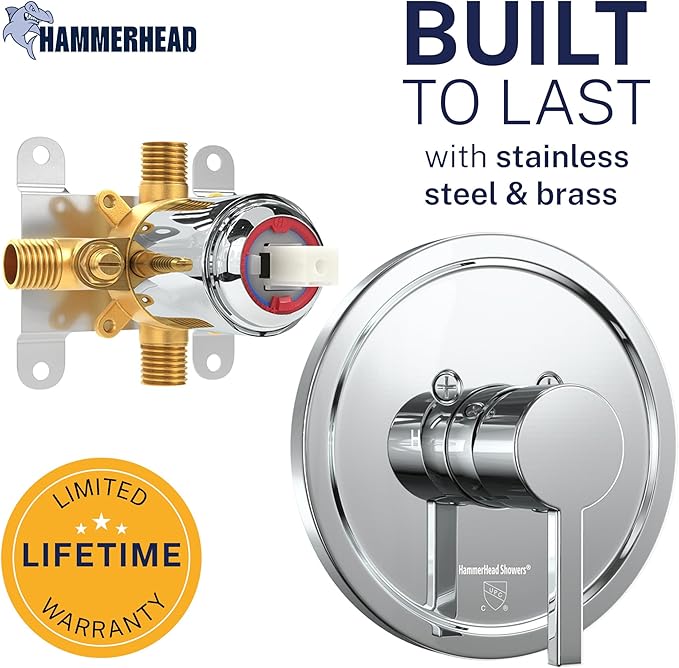 HammerHead Showers Solid Metal Single-Handle Trim Kit with Rough-In Shower Valve, Volume and Temperature Control, Pressure Balance, Chrome