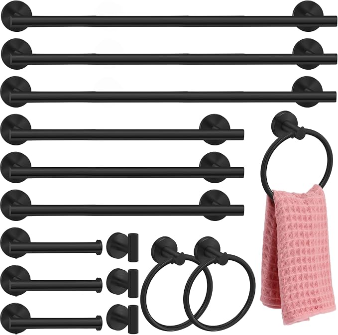 Gisafai 15 Pcs Matte Black Bathroom Accessories Hardware Set Black Towel Racks for Bathroom Sus304 Stainless Steel 23.6 Inch Towel Bar Ring Toilet Paper Holder Robe Hooks for Wall Mounted