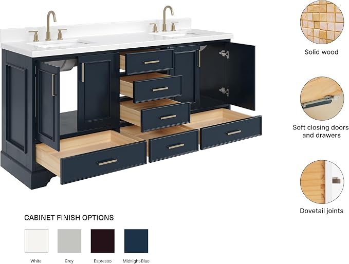 Langford 72-inch Midnight Blue Bathroom Vanity with Left & Right Rectangle Double Sinks, Pure White Quartz Countertop & Backsplash, Solid Wood Frame, Soft-Closing & Dovetail Drawers