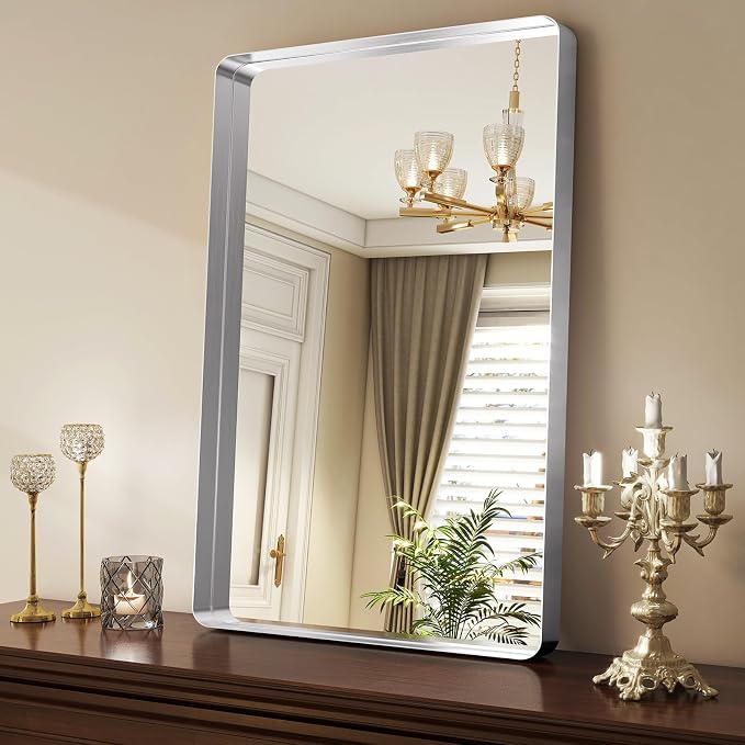 Easly Silver Bathroom Mirror for Wall, 36x24 Inch Rectangular Aluminum Alloy Framed Mirror, Modern Wall Mounted Vanity Mirror for Bathroom, Vertical or Horizontal