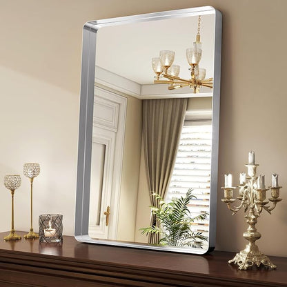 Easly Silver Bathroom Mirror for Wall, 36x24 Inch Rectangular Aluminum Alloy Framed Mirror, Modern Wall Mounted Vanity Mirror for Bathroom, Vertical or Horizontal