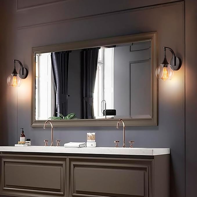 Black Wall Sconces Set of Two, Modern Vanity Light | 5.9 Inch Clear Glass Shade, Farmhouse Bathroom Light Fixtures Wall Lights for Living Room, Hallway, Kitchen, Bathroom, Mirror
