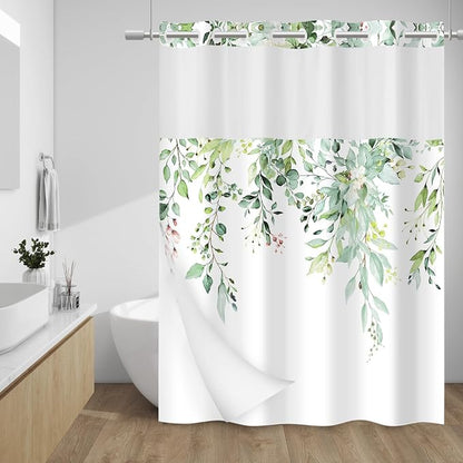 No Hook Shower Curtain with Liner, Eucalyptus Sage Green, 71x80 | Snap in Liner, 3 in 1, Water Repellent, Easy Install, Machine Washable, Hotel Style for Bathroom, Watercolor Pattern
