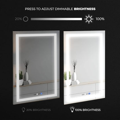 30x40 Inch Rectangular LED Bathroom Mirror with Lights Front and Backlit, 3 Color Modes, Touch Dimmer, Anti-Fog - Wall Mounted Vanity Mirror for Bathroom, Bedroom - Fab Glass and Mirror