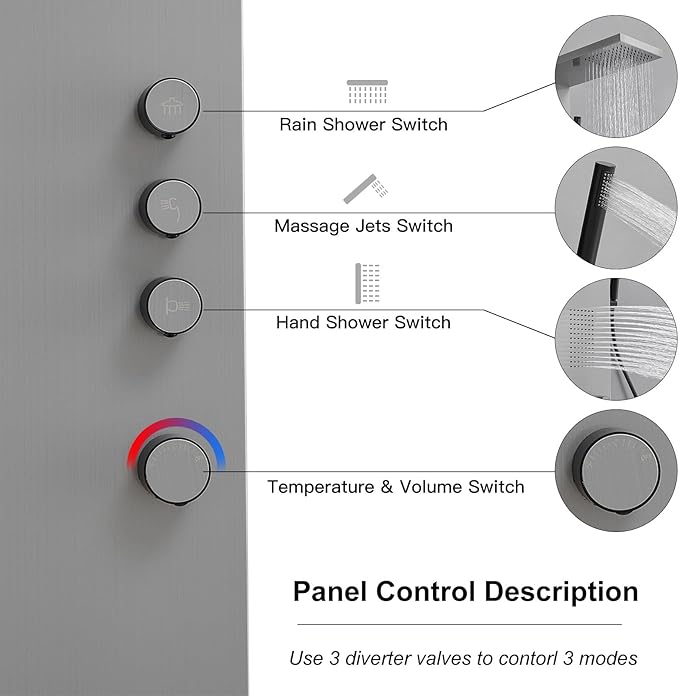 Shower Panel System Shower Wall Tower with Body Massage System Rain Shower Handheld 3 IN 1 High Pressure Jets Stainless Steel, Brushed Nickel
