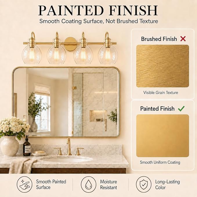 4 Lights Bathroom Vanity Light Fixtures Over Mirror Modern Gold | Wall Sconce,Brass Gold Painted,Globe Glass Shade,E26 Base,UL Certified,Anti-Rust,Damp Rated,Bathroom Bedroom Living Room