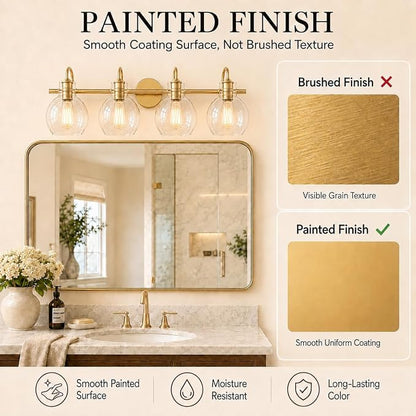 4 Lights Bathroom Vanity Light Fixtures Over Mirror Modern Gold | Wall Sconce,Brass Gold Painted,Globe Glass Shade,E26 Base,UL Certified,Anti-Rust,Damp Rated,Bathroom Bedroom Living Room