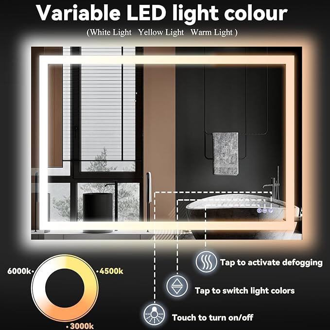 VooBang LED Bathroom Mirror 32 x 40 inches - 3 Adjustable Lighting Modes Lighted Smart Bathroom Vanity Mirror, Anti-Fog, Memory Function, Tempered Glass, Wall Mounted Horizontally Vertically
