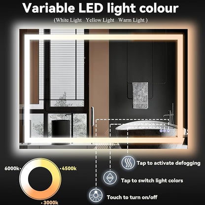 VooBang Bathroom Mirror with Lights 40 x 40 inches - 3 Adjustable Lighting Modes LED Bathroom Vanity Mirror, Anti-Fog, Memory Function, Tempered Glass, Wall Mounted Horizontally Vertically