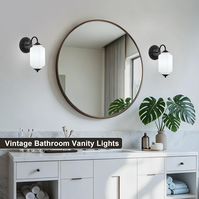 Milk Glass Sconce Set of 2 Vintage Vanity Sconces Bulb Included | Milk Glass Art Deco Antique Wall Sconce Wall Light for Bedroom Bathroom Living Room Entryway, Antique Black and White 2 Pack