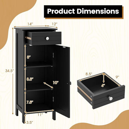 GIANTEX 34.5" Bathroom Cabinet with Drawer & Single Door (Black) | Narrow Side Storage Organizer with 6 Shelf Positions, Freestanding Floor Storage Cabinet for Bathroom, Living Room, Entryway