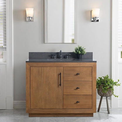 Vanity Art 42 inch Bathroom Vanity with Single Sink, Modern Wood Bath Vanity with Black Carrara Marble Top, Vanity Cabinet with Doors， Removable Shelf, Solid Wood, Ceramic Sink, Tan, VA7042B