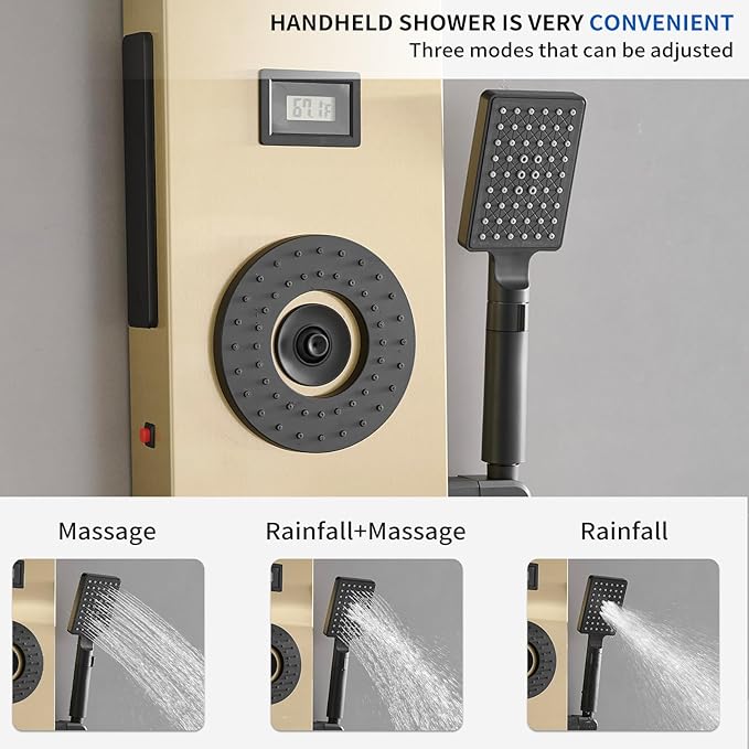Brushed Gold Shower Panel LED Rainfall Shower Head, Bathroom Shower Panel Tower System Body Massage 6-Functions Temperature Display Wall Mount, Gold
