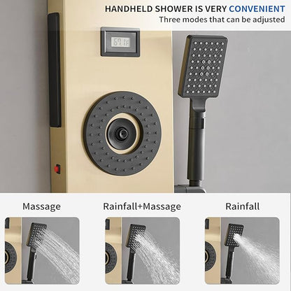 Brushed Gold Shower Panel LED Rainfall Shower Head, Bathroom Shower Panel Tower System Body Massage 6-Functions Temperature Display Wall Mount, Gold