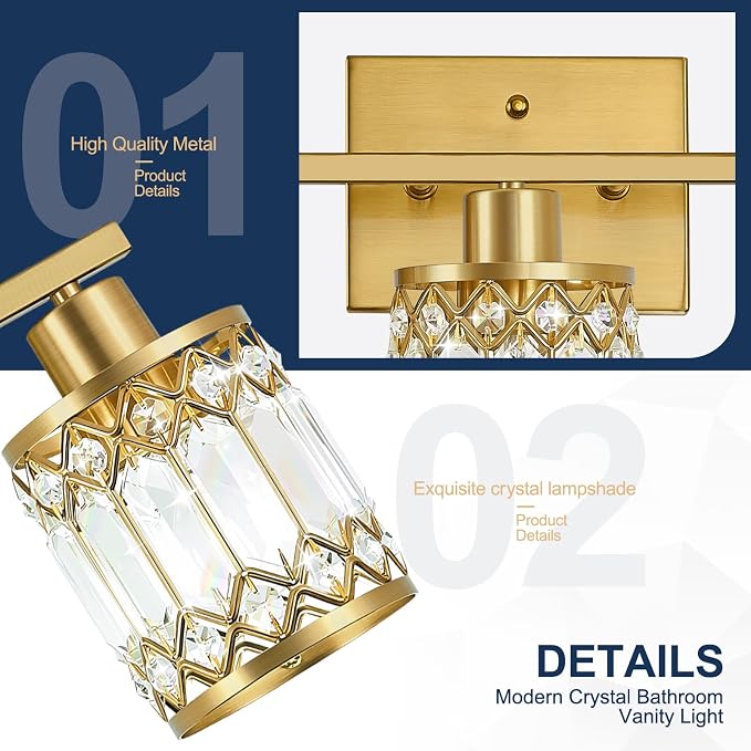 Crystal Modern Bathroom Light Fixtures, 3-Light Brushed Gold Bathroom Vanity Wall Light, Vanity Lights for Mirror, Restroom, Bedroom (E26 Socket, Bulbs Not Included)