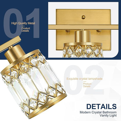 Crystal Modern Bathroom Light Fixtures, 3-Light Brushed Gold Bathroom Vanity Wall Light, Vanity Lights for Mirror, Restroom, Bedroom (E26 Socket, Bulbs Not Included)