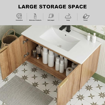 84 Inch Floating Bathroom Vanity with Double Sink, Bathroom Double Sink Cabinet with Soft Close Door Waterproof Storage, Wood Color(wt)