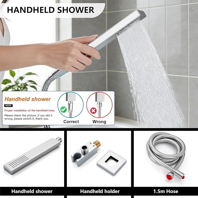 Midanya Shower System with Tub Spout,10 Inch Shower Head,Polish Chrome | with Valve & Trim Kit,Square Rain Head,Handheld Sprayer,Waterfall Spout,All Metal Wall Mount Bathroom Shower Tub Faucet Set