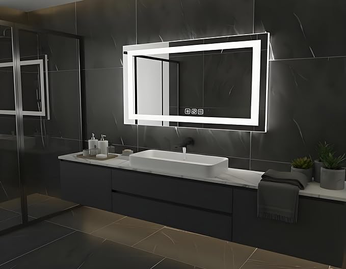40 * 24inches Rectangle LED Mirror, Smart Bathroom Mirror with Lights, Anti-Fog, Tempered Glass, 3 Colors Dimmable, Front and Backlit, CRI 90+, Wall Mounted, Memory