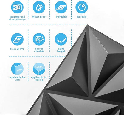 Art3d 3D Wall Panels 100 Pack, 11.8" x 11.8" (97 Sq.ft) PVC Wall Panels - Glue Up Panels Wall Decor for Living Room, Bedroom, Office, Black