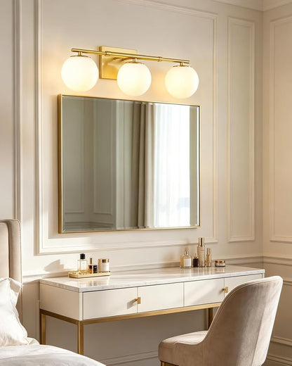 Bathroom Vanity Light Brushed Brass 3T Wall Sconce for Mirror | Modern fixture Globe Glass Shade brightness, elivers even brightness. Sturdy metal resists rust. Dresser Bathroom over Mirror