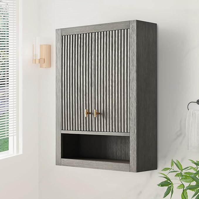 HOMEBEYOND 24 Inches Bathroom Vanity Wall Mount Storage Cabinet & Shelves, Free-Standing Vanity with Soft-Closing Doors, Golden Brushed Handware, Driftwood Gray