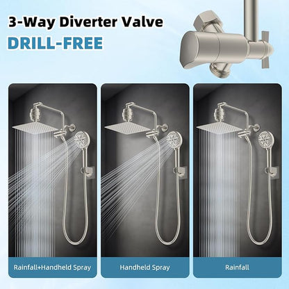 10" Metal Filtered Shower Head with 10-Mode Handheld, Brushed Nickel | NSF/ANSI/CAN 372 Certified, High Pressure Showerhead Combo, 20 Stage Shower Filter, 11" Shower Arm, 71" Hose, Shower Holder
