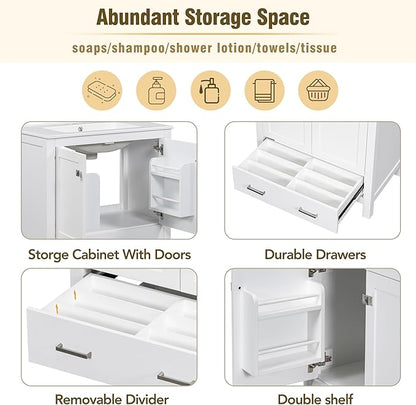 60" White Bathroom Vanity with Double Sink, 60 Inch Bathroom Vanity Set with Double Vanities (Separate), 2 Bathroom Vanities with Sink, Storage Shelf, and Divided Drawers (Mirror not included)