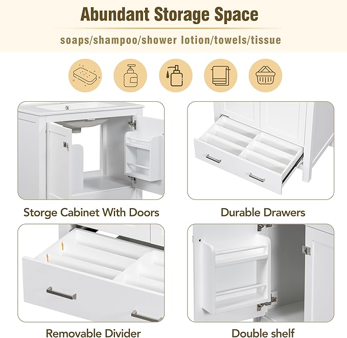LZ LEISURE ZONE 60" Bathroom Vanity Set with Double Vanities (Separate), Double Ceramic Sinks, Storage Shelf, and Divided Drawers (Mirror not Included), White
