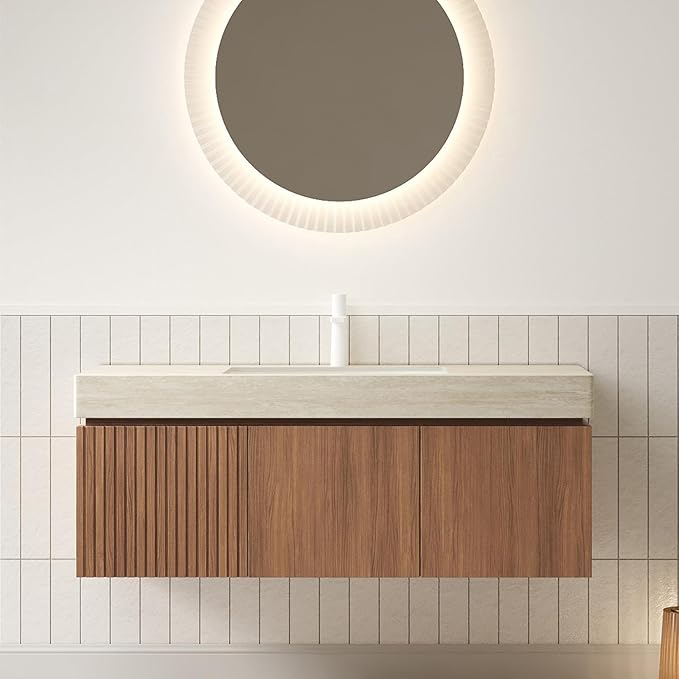 48 Inch Floating Bathroom Vanity with Sink, Wall-Mounted Bathroom Vanity with Drawer and 2 Doors, Roma Travertine-Pattern Countertop and Ceramic Basin, Pre-Assembled,Brown Oak