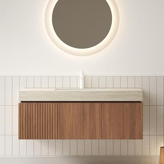 48 Inch Floating Bathroom Vanity with Sink, Wall-Mounted Bathroom Vanity with Drawer and 2 Doors, Roma Travertine-Pattern Countertop and Ceramic Basin, Pre-Assembled,Brown Oak