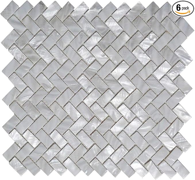 Art3d 6-Pack White Mother of Pearl MOP Shell Tile for Shower Wall, 12" x 12" Natural White Herringbone