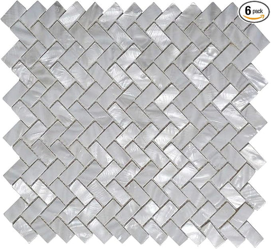 Art3d 6-Pack White Mother of Pearl MOP Shell Tile for Shower Wall, 12" x 12" Natural White Herringbone