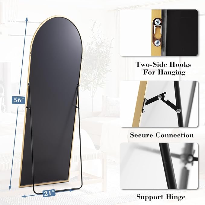 NEWBULIG Arched Full Length Floor Mirror 56"x15", Body Standing Mirror | Wall Hanging or Leaning, Shatter-Proof Glass, Aluminum Alloy Frame with Stand, Home Decor Bedroom, Gold