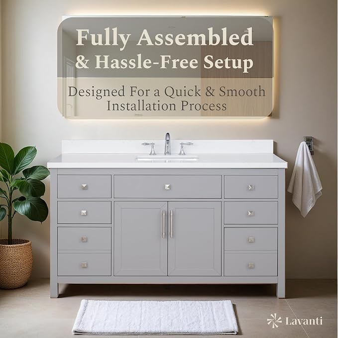 Lavanti Oakford 60 Inch Bathroom Vanity with Sink – Stylish Grey Vanity Bathroom with Storage Cabinet – Modern Bathroom Vanities with Single Vanity Sink & Quartz Countertop