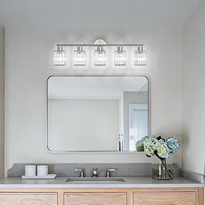5 Light Bathroom Light Fixtures, Modern Crystal Vanity Lights over Mirror | Metal Frame, Bathroom Light with Square Crystal Shade, ETL Certified, E26 Ceramic Socket, Bulbs Not Included