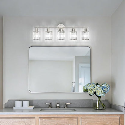 5 Light Bathroom Light Fixtures, Modern Crystal Vanity Lights over Mirror | Metal Frame, Bathroom Light with Square Crystal Shade, ETL Certified, E26 Ceramic Socket, Bulbs Not Included