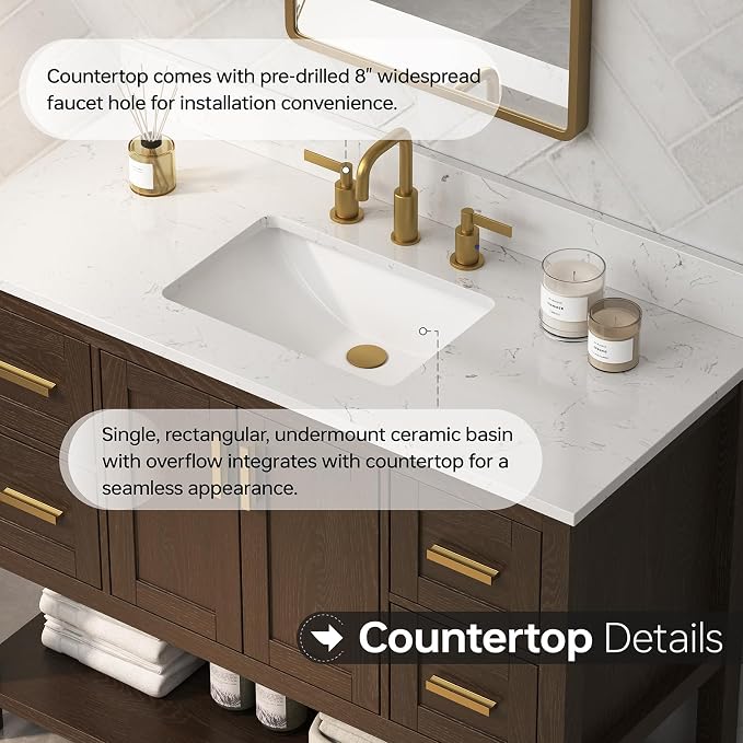 42 Inch Bathroom Vanity with Sink, Fully-Assembled, Walnut | Farmhouse Bathroom Vanity Cabinet with Solid Wood Frame, Soft-Close Drawers & Open Shelf, Ceramic Sink & Backsplash