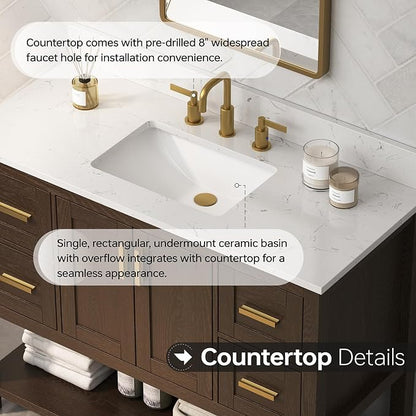 42 Inch Bathroom Vanity with Sink, Fully-Assembled, Walnut | Farmhouse Bathroom Vanity Cabinet with Solid Wood Frame, Soft-Close Drawers & Open Shelf, Ceramic Sink & Backsplash
