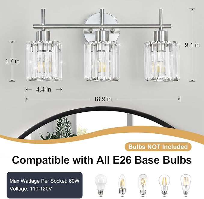 Brushed Nickel 3-Light Crystal Bathroom Vanity Light Fixtures, Round | Vanity Lights for Bathroom, Modern Bathroom Lighting Fixtures over Mirror (Bulbs Not Included, E26)