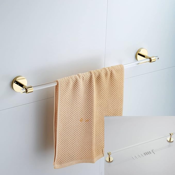 SHUNLI Bathroom Accessories Hardware Set 4 Pieces Wall Mounted,Towel Rack+Hand Towel Holder+Toilet Paper Holder+Hook,Brass and Acrylic,Gold Towel Bar Set