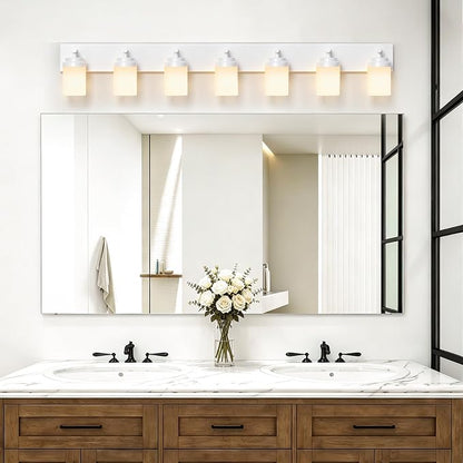 IZORRO Bathroom Vanity Light Fixture, 7-Light 52 inch White Bathroom Light Fixtures Over Mirror, with White Glass Shade, Modern Farmhouse Vanity Lights, Rustic Restroom Lighting Fixtures