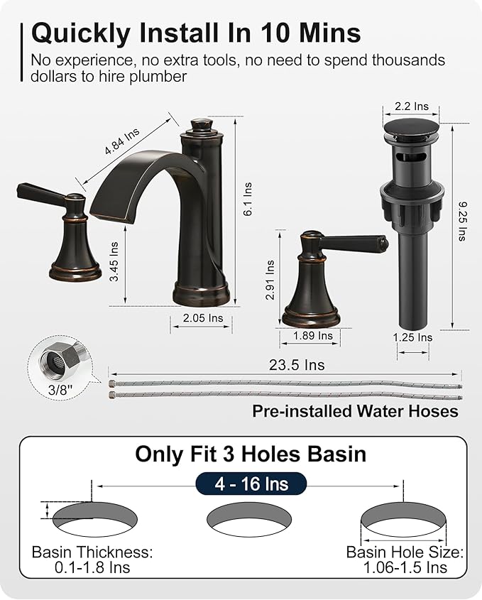 Waterfall Bathroom Faucet 3 Hole, 4-16 Inch Oil Rubbed Bronze Bathroom Faucet, Brass Bathroom Sink Faucet, 2 Handle Bathroom Faucets, Bathroom Vanity Faucet with Pop-Up Drain, Water Hoses