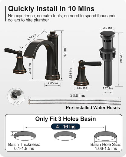 Waterfall Bathroom Faucet 3 Hole, 4-16 Inch Oil Rubbed Bronze Bathroom Faucet, Brass Bathroom Sink Faucet, 2 Handle Bathroom Faucets, Bathroom Vanity Faucet with Pop-Up Drain, Water Hoses