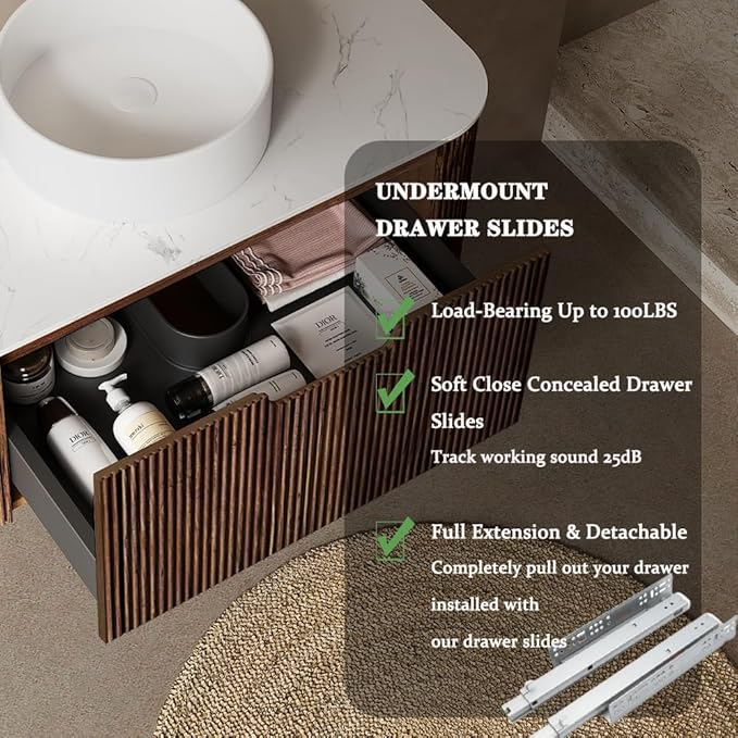 36'' Bathroom Vanities Cabinet with Sink Combo, Wall Mounted Floating Cabinet W/Curved Edges Stripes, Oak Plywood, Soft-close System with a Drawer, White Round Ceramic Basin - Kiel, Dark Walnut