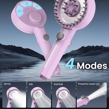 Filtered Shower Head with Handheld, High Pressure Showerhead with Filters | 4 Spray, ON/OFF Button for Pets, Detachable Shower Heads with Water Softener Filter Beads for Hard Water- Remove Chlorine
