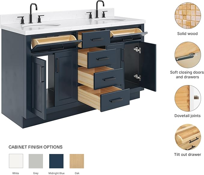 ARIEL Hepburn 60-inch Bathroom Vanity with Sink,Solid Wood, 1.5-inch Carrara White Quartz Countertop, Double Oval Porcelain Sink, 4 Soft Closing Doors, 6 Dovetail Drawers, Midnight Blue